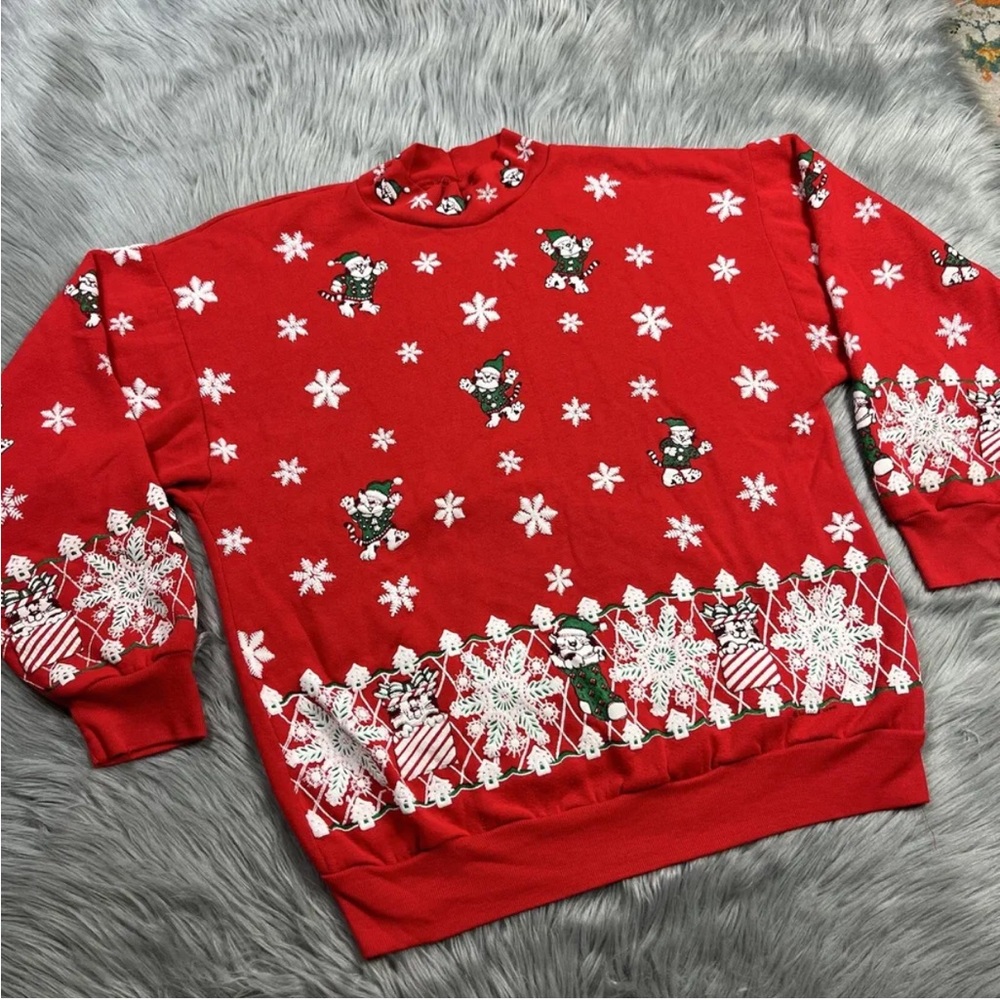 Vintage Christmas Winter Ugly Sweater Red White Kitty Cats Snowflake